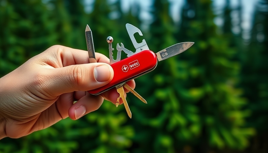 Swiss Army Knife with multiple tools in hand, outdoors.