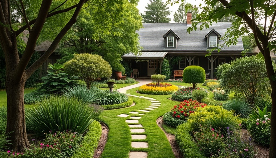 Lush garden and farmhouse property transformation with greenery.