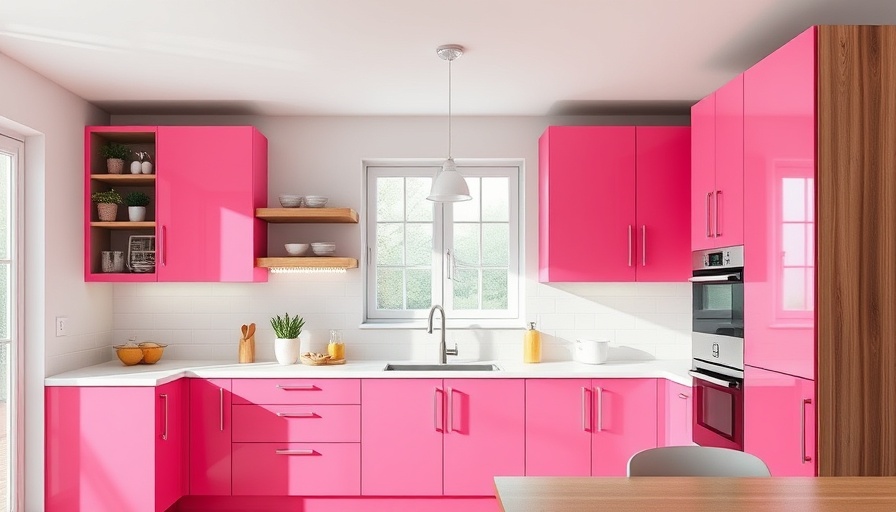 Contemporary kitchen with bold pink cabinets, large window.