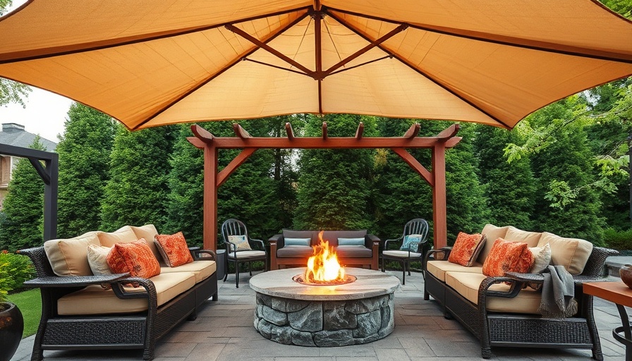 Charming backyard with umbrella and gazebo for shade.