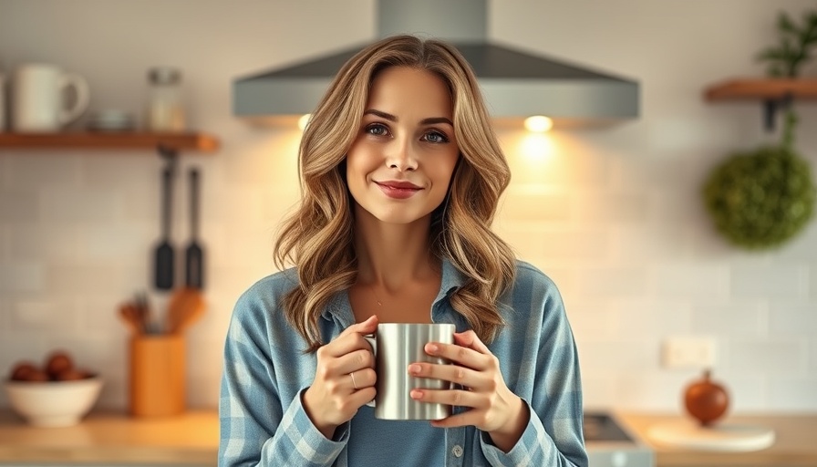 Stylish woman demonstrating affordable fall fashion ideas in a cozy kitchen.