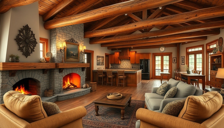 Rustic living room with fireplace and exposed beams, showcasing home design trends.