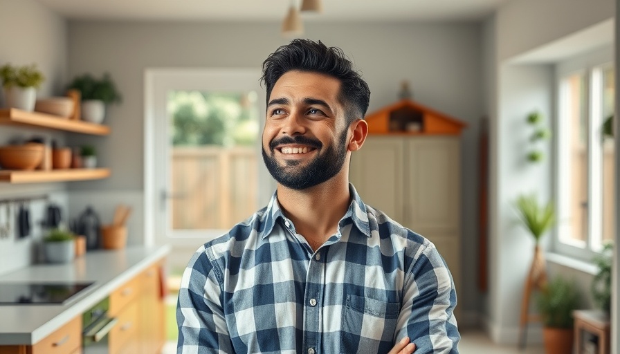 Man considering home renovations with modern interior and garden shed.