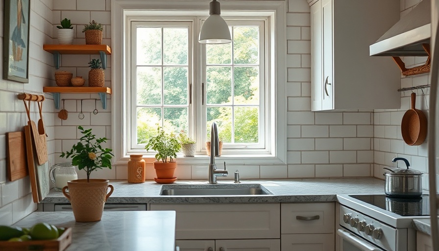 Charming kitchen with white subway tile layout and lush window view.