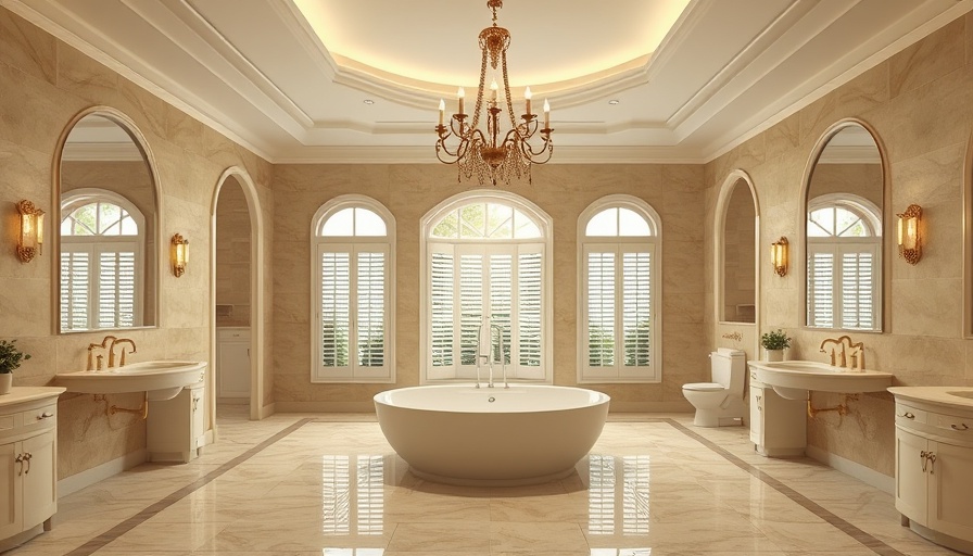 Elegant bathroom with chandelier and bathtub, wet room steam shower style.