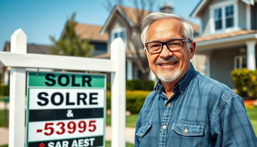 Older man with home sellers negotiation power beside real estate sign.