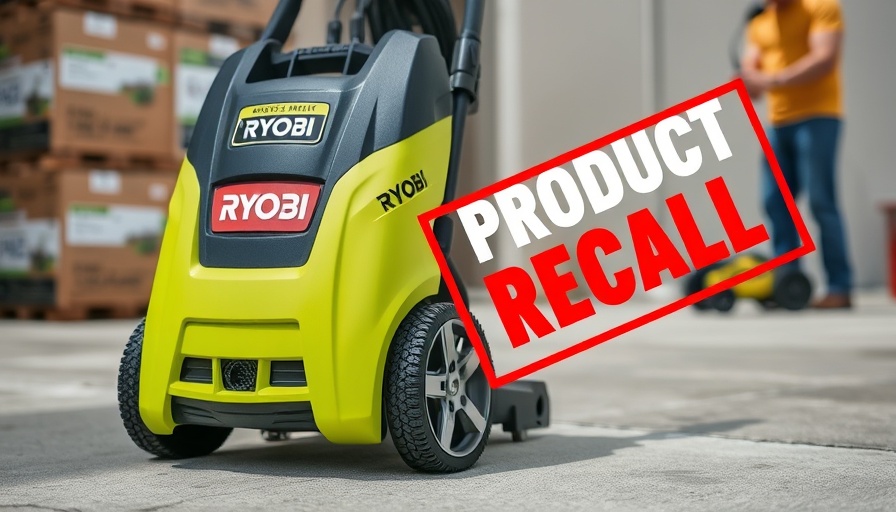 Ryobi pressure washer with recall sign outdoors, bright setting.