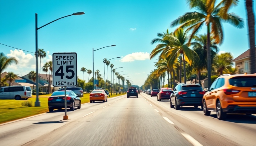 Speed limit sign showing 45 mph on a sunny suburban road, cars driving.