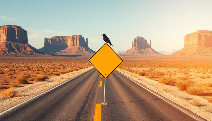 Surreal yellow sign depicting crow on desert road with mesas.