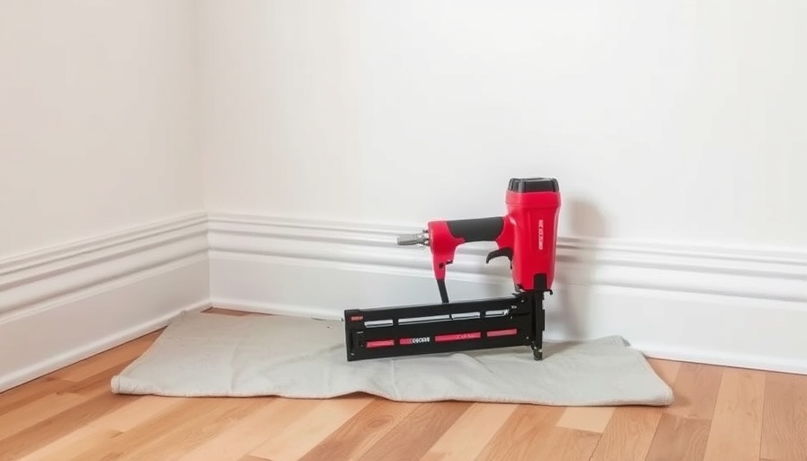 Tools for installing baseboards on a wooden floor.