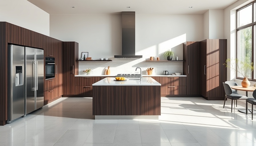 Modern kitchen in a California home with dark wood cabinets.