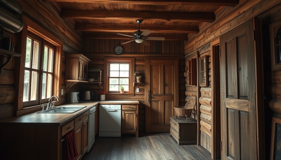 Rustic guest cottage interior showcasing vintage kitchen setup and wooden finishes.