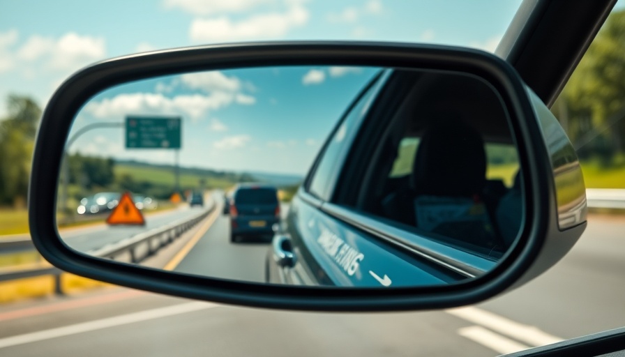 Sideview mirror warnings showing vehicles reflected on a highway.