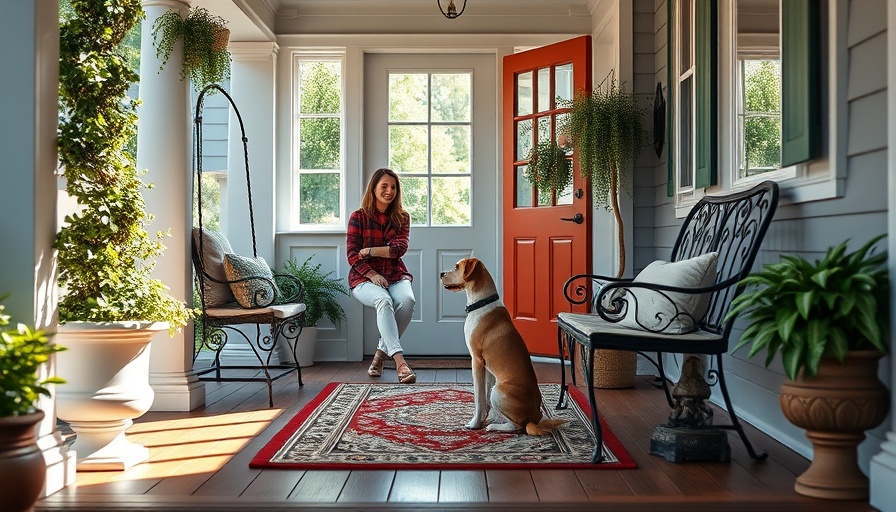 Pretty home utility tech items, woman greeting dog by door.