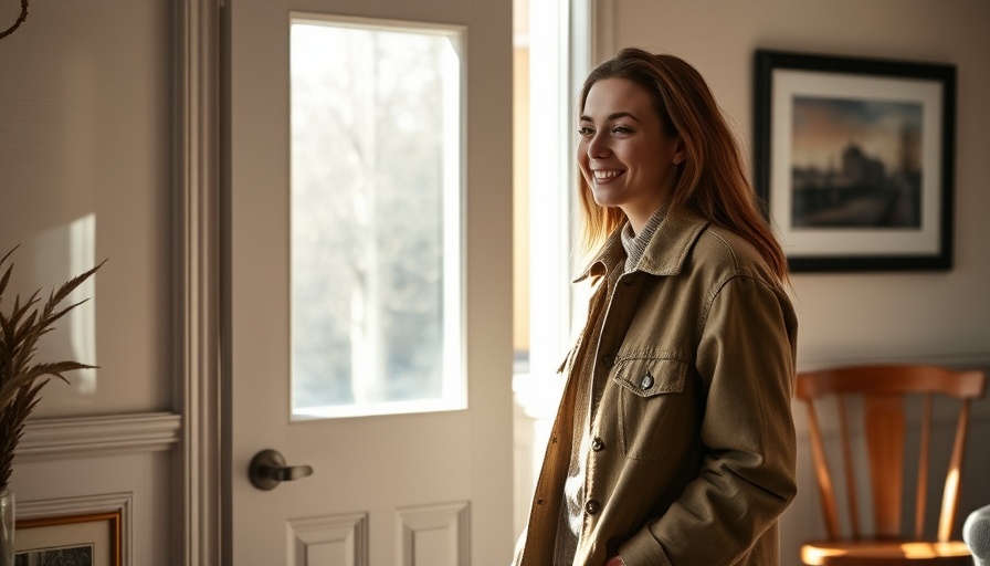 Woman in fall barn jacket smiling by a door in a cozy room.