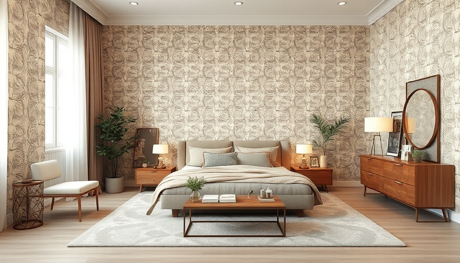 Trends from the Maison & Objet Fall 2025 Show: Modern bedroom with patterned wallpaper.