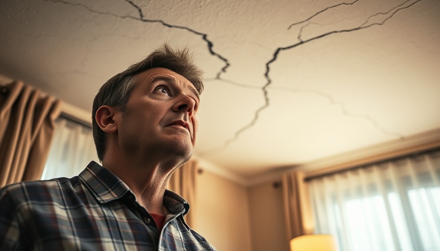 Concerned man reacts to severe ceiling cracks, highlighting red flag issue.