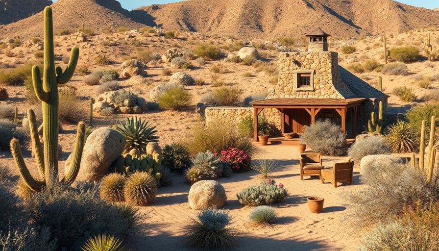 Fire-wise landscapes in a serene desert garden with cottage