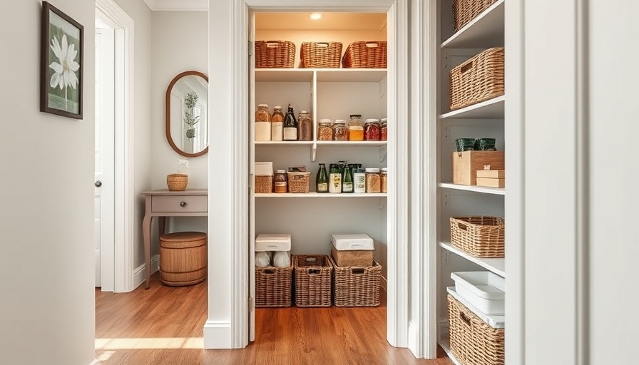 Neatly organized coat closet-sized pantry with sorted items.