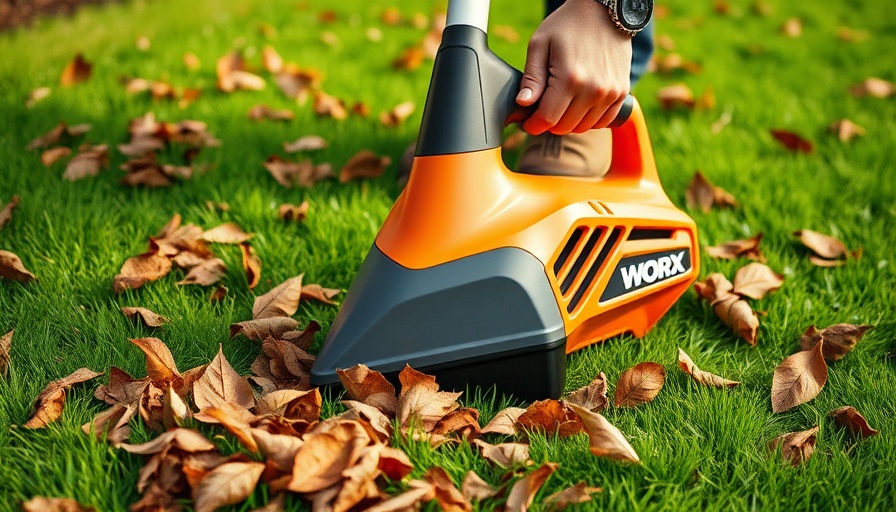 Worx leaf vacuum in use collecting leaves on green lawn.