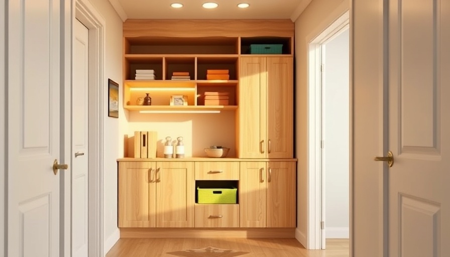 Warm hallway storage design for aging in place, light wood cabinetry.