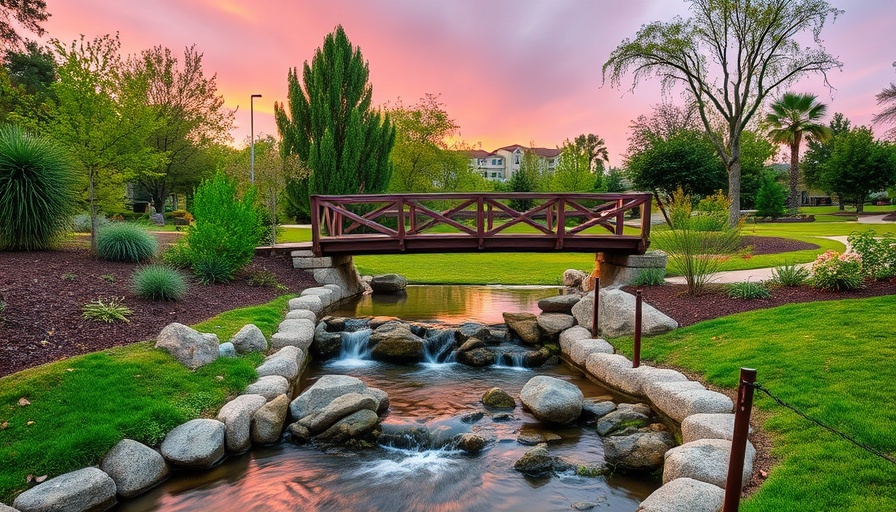 Tri Pointe Homes location design benefits showcased in scenic park with waterfall.