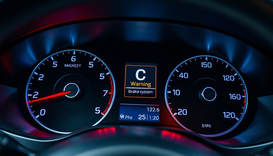 Car dashboard showing digital warnings and speedometer.