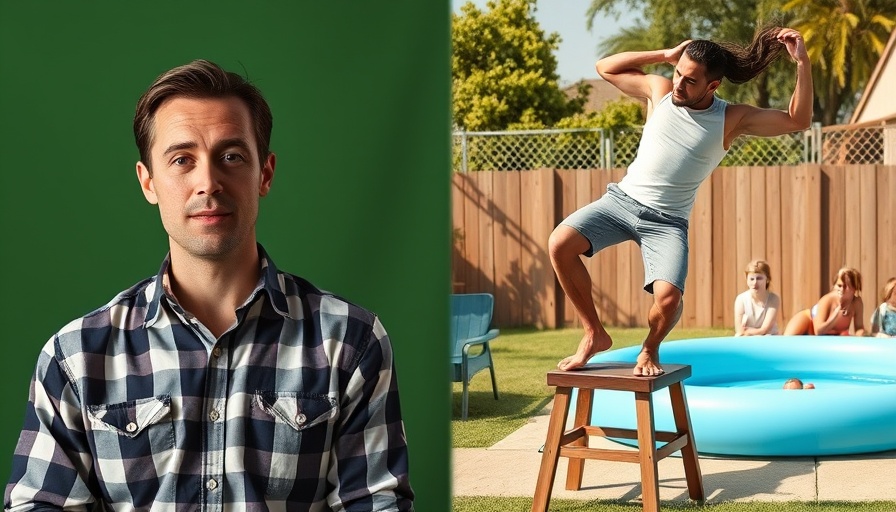 Man in plaid shirt discussing, and outdoor scene of man losing balance near pool, illustrating DIY project safety.