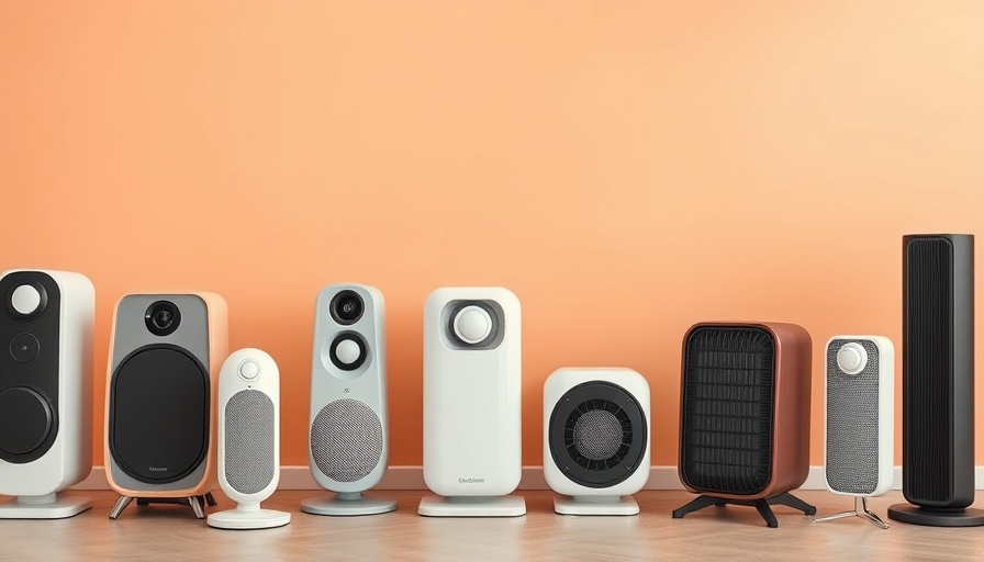 Assorted safest space heaters displayed on peach backdrop.
