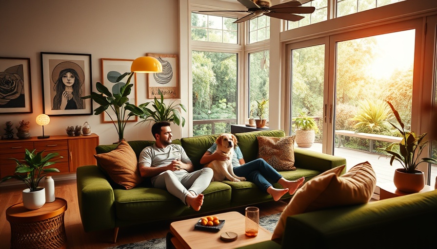 Cozy Green Family Room with couple and dog on sofa, modern decor.