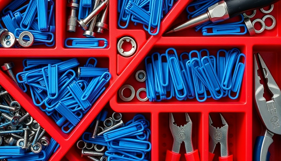 Toolbox with blue paper clips in a vibrant, organized layout showcasing creative uses for paper clips.