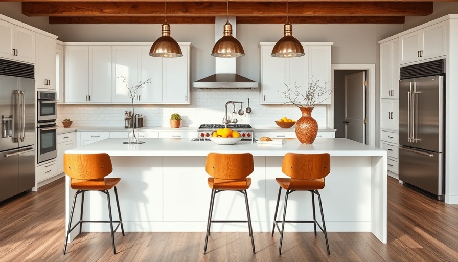 Stylish kitchen island design with wooden stools and pendant lights.