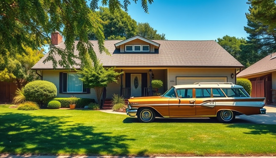 Brady Bunch house with vintage car during a sunny public event.