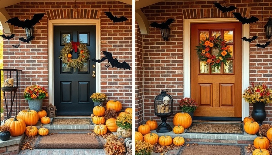 Charming fall front door decor with pumpkins and skeletons for autumn.