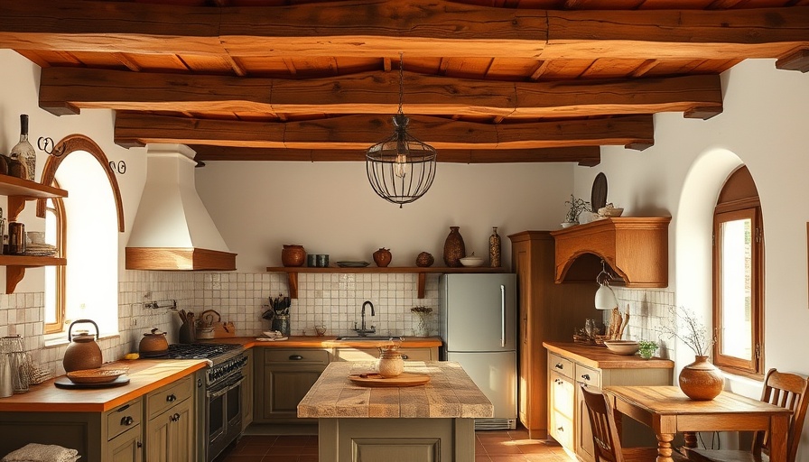 Elegant Spanish-style kitchen in California home with wooden beams.