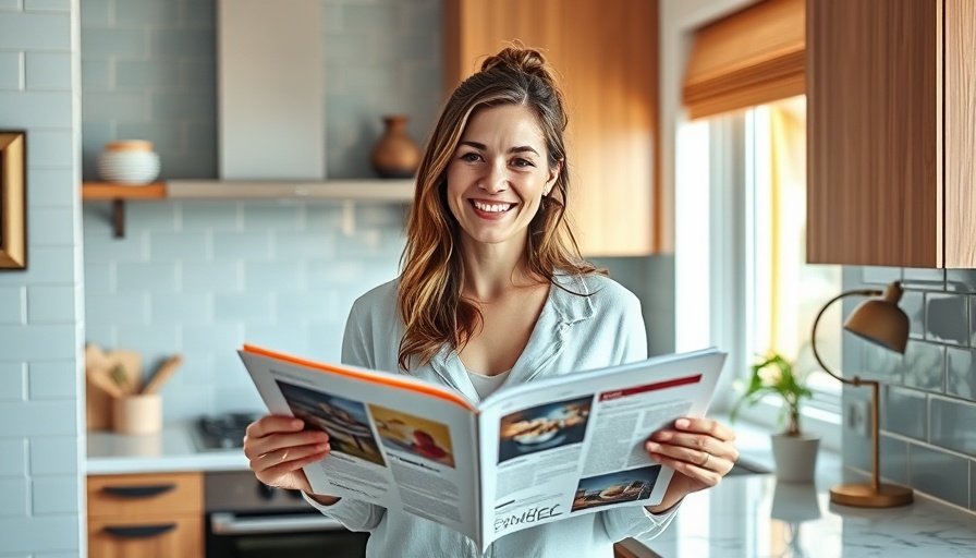 Smiling woman displaying Better Homes & Gardens magazine spread in modern kitchen.