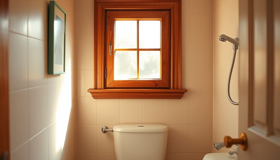 Small bathroom with wooden window frame and frosted glass.