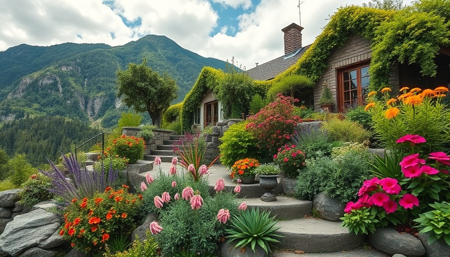 Lush mountain garden design with diverse plants and stones.