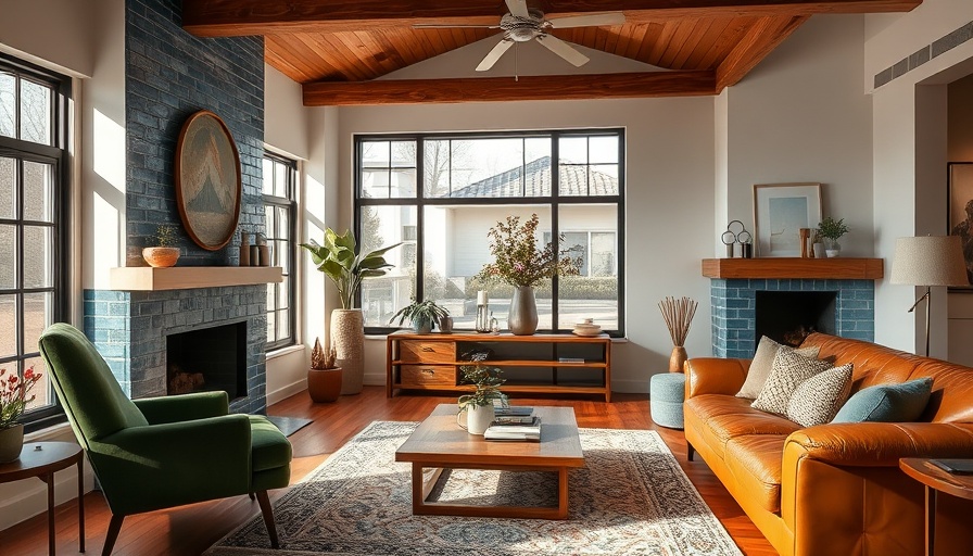 Modern living room with blue tile fireplace design trend.