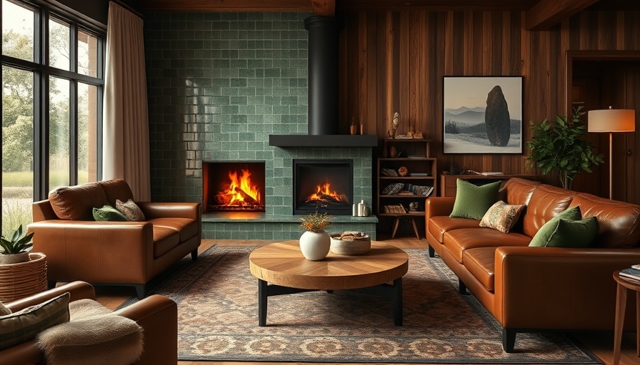 Under-the-radar design trend 2026: cozy living room with green tile fireplace.
