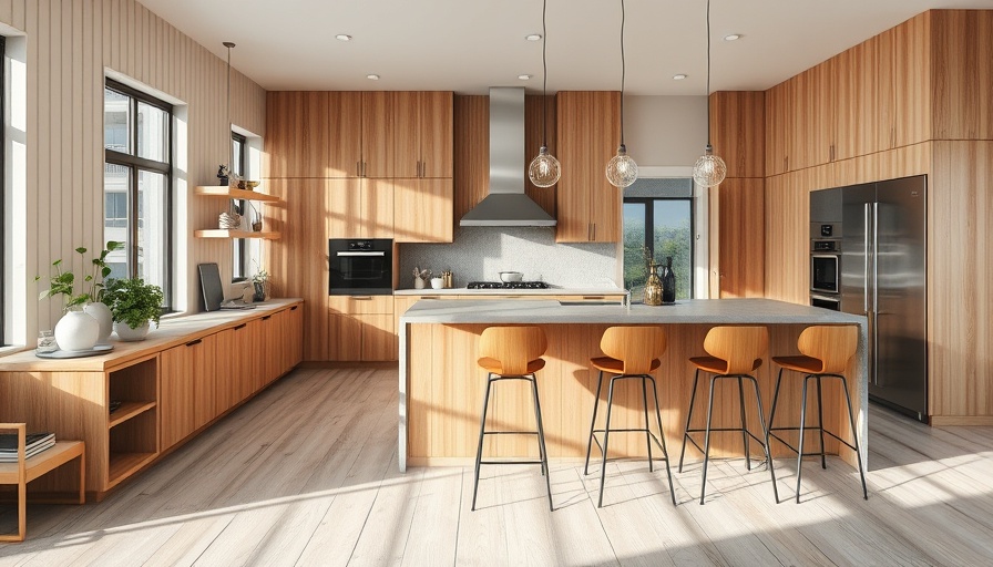 Chic modern kitchen with wooden design and stylish bar stools.