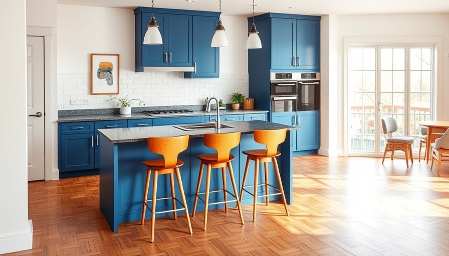 Modern California homes kitchen with blue cabinets and natural light.