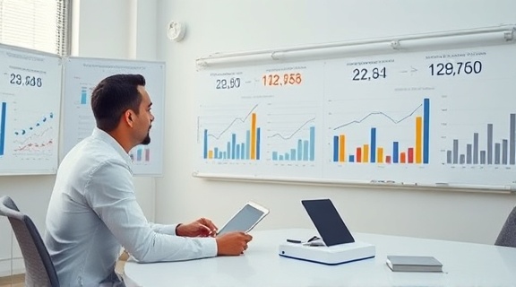 effective performance analytics, interpreting charts, driving decisions, photorealistic, minimalist workspace with whiteboards and devices, highly detailed, fluid chart animations, 4k quality, neutral tones, soft focus lighting, shot with a standard zoom lens.