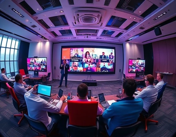 responsive website design, user-focused innovation, adapting to devices, photorealistic, virtual conference showcasing adaptive technology, highly detailed, screen resizing simulations in action, impeccably presented, spectrum of vibrant hues, dynamic lighting change, shot with a fisheye lens.