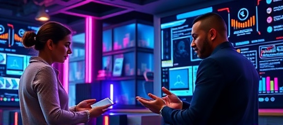 integrative digital marketing, engaged, launching platforms, photorealistic, startup environment with digital interfaces, highly detailed, tech founders collaborating, crystalline clarity, cyberpunk accents, neon lighting, shot with a 45mm lens.