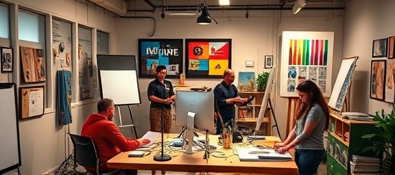 dynamic marketing campaign, lively, iterating designs, photorealistic, creative room buzzing with ideas, highly detailed, artists working together, finite precision, bold primary colors, bright studio lights, shot with a 53mm lens.