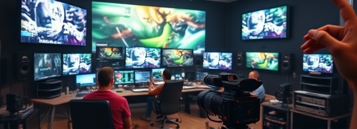 engaging digital media, energetic, producing captivating visuals, photorealistic, buzzing studio with screens and equipment, highly detailed, real-time editing, hyper-realistic detailing, bright colors, balanced studio lighting, shot with a 35mm lens.