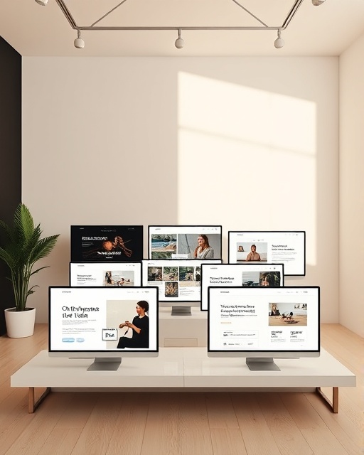 minimalistic website templates, clean and elegant, showcasing layout variety, photorealistic, digital showcase room with presentation screens, highly detailed, highlights shifting templates in action, rendered with high clarity, pastel shades, warm daylight, shot with an 85mm lens.