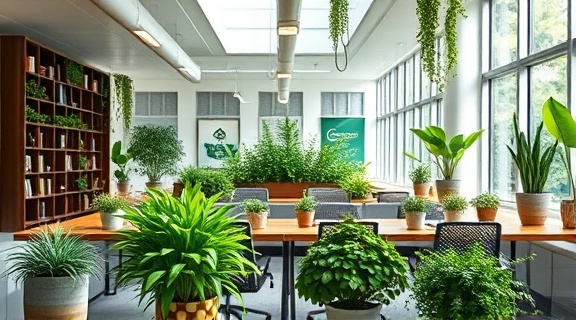 sustainable marketing strategy, responsible, evaluating impacts, photorealistic, eco-friendly themed office, highly detailed, project manager reflecting, ultra synchronized, organic greens, soft daylight diffusion, shot with a 36mm lens.