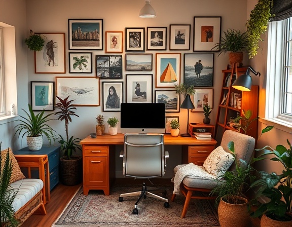 creative digital content, inspired, crafting visually stunning posts, photorealistic, cozy home office filled with art and plants, highly detailed, dynamic content creation, super high fidelity, warm colors, golden hour lighting, shot with an 85mm lens.